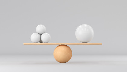 One big ball and many small ones. On wooden scales on a white background. 3d render illustration.