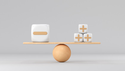 One large cube minus and plus a lot of small cubes. On wooden scales on a white background. 3d render illustration.