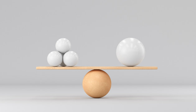 One big ball and many small ones. On wooden scales on a white background. 3d render illustration.