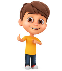 Little cartoon character boy points thumb up on a white background. 3d render illustration.