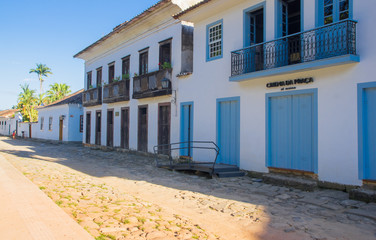 Street of historical center in Paraty, Rio de Janeiro, Brazil. Paraty is a preserved Portuguese colonial and Brazilian Imperial municipality.