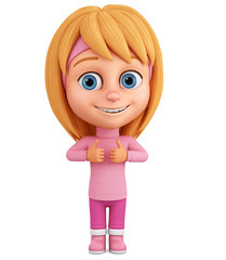 Cartoon character little girl shows two thumbs up. 3d render illustration.