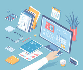 Online tax payment via computer. Monitor with tax form on the screen. Man finger presses the pay button. Internet banking concept. Online paying Bookkeeping Accounting Isometric 3d vector illustration