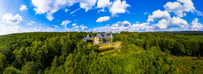 Aerial view. Manoir de Lébioles,  castle-like manor house in Creppe, Spa, Belgium Jul 2019