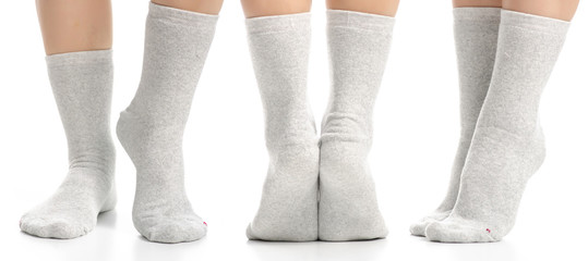 Set female legs in gray white socks on white background isolation