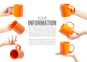 Set orange cup mug in hand on white background isolation, space for text