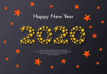 Happy New Year 2020. Holiday gift card. Numbers of golden stars on dark background. Template for a banner, poster, invitation. Vector illustration