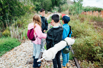 Group of four children stop in the woods happy in a train track