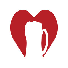 love beer. Beer mug in red heart. Abstract concept, icon. Vector illustration on white background.