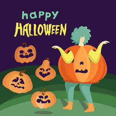 Funny dancing pumpkin girl with lettering. Halloween greeting card, costume party. Hand drawn flat vector character