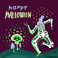 Funny dancing skeleton with lettering. Halloween greeting card, costume party. Hand drawn flat vector character