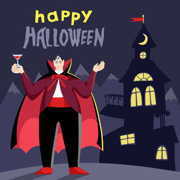 Funny flat Dracula with lettering. Halloween greeting card, costume party. Hand drawn vector character