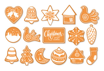 Set of Christmas gingerbread cookies in the form of various Christmas toys on a white background. Freehand drawing.