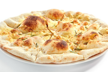 Delicious fried focaccia with rosemary closeup