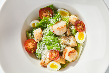 Delicious natural caesar with scallop top view