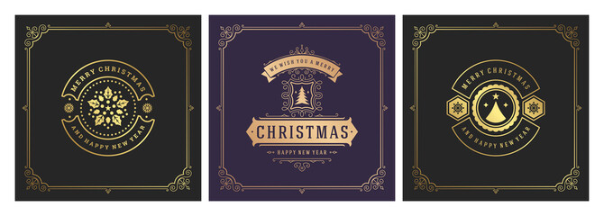 Christmas square banners vintage typographic design, ornate decorations symbols vector illustration