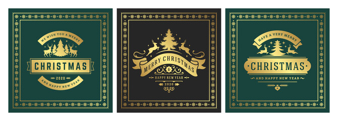 Christmas square banners vintage typographic design, ornate decorations symbols vector illustration