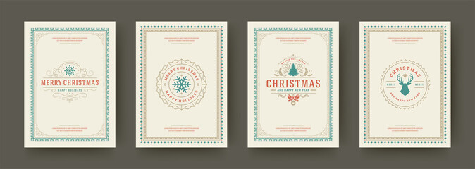 Christmas cards vintage typographic design ornate decorations symbols with winter holidays wishes vector illustration © provectors
