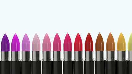 multi colour  lipsticks  3d rendering for cosmetics concept.