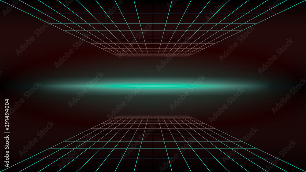 Poster synthwave background. 80s retro style. dark futuristic 3d backdrop with two perspective grids and gr
