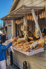 trade in herbs and mixtures of spices packed in bags, street sale of local spices at the fair