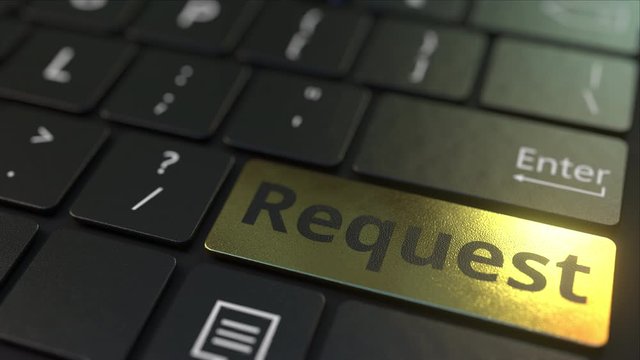 Black computer keyboard and gold request key. Conceptual 3D animation