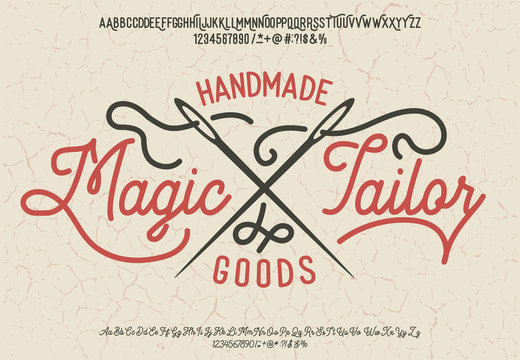 Magic Tailor. Font set with serif and script typeface. Tailor logotype.
