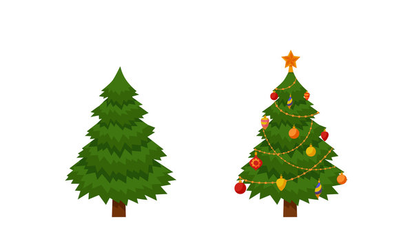 Christmas tree with lights and presents. Fir tree before and after decoration. Colorful cartoon noel holiday vector illustration.