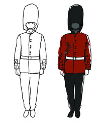 Fototapeta na wymiar The drawing of a soldier of the British royal guard in a red uniform during the service. Drawing in color and simple line.