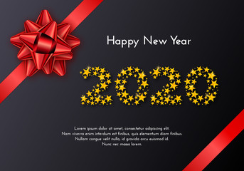 Holiday gift card. Happy New Year 2020. Numbers of golden stars, red bow on black background. Template for a banner, poster, invitation. Vector illustration