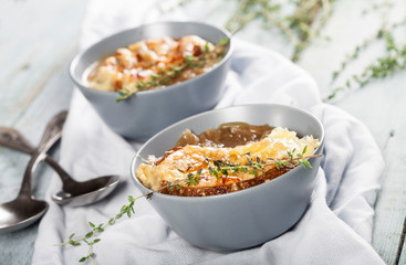 Onion soup with dried bread and cheese