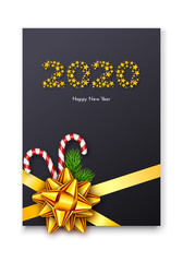 Holiday gift card. Happy New Year 2020. Numbers of golden stars, fir tree branches, tied bow and candy canes. Vector illustration