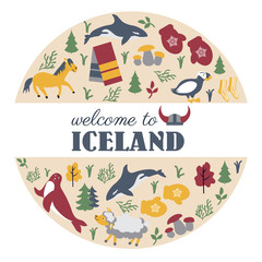 Round frame Icelandic clothes, marine animals, tree and plant isolated on white, decorative woolen scarf, scandinavian vector colorful symbols, cartoon flat european icon accessory for travel design
