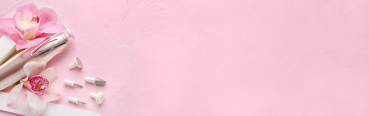 Tools for professional pedicure on color background