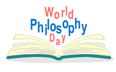 World Philosophy Day. Stack of books with open book and lettering on white background.