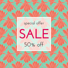 Sale floral cards. Plant in blossom, branch with flower ink sketch. Fashion print for a banner, shopping, discount, invitation, social media