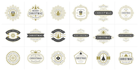 Christmas vector typography ornate labels and badges, happy new year and winter holidays wishes for vector illustration