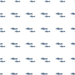 Seamless pattern salmon fish cartoon travel vector illustration isolated on white background, sea food element decorative scandinavian texture for minimalist design wallpaper, textile, menu