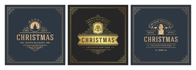 Christmas square banners vintage typographic design, ornate decorations symbols vector illustration