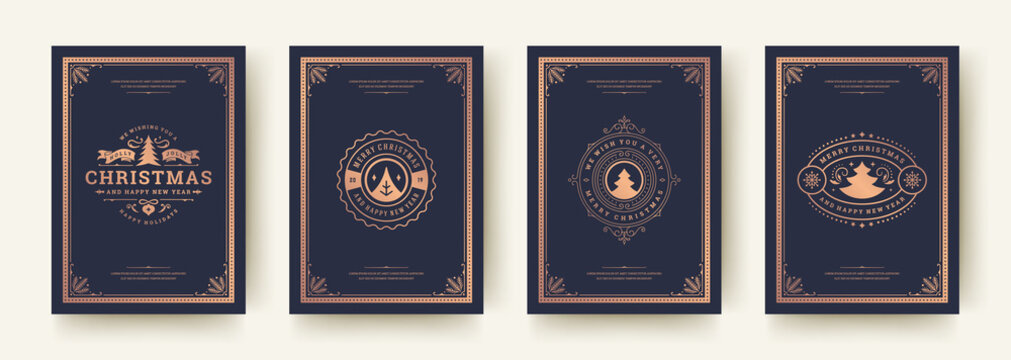 Christmas greeting cards vintage design, ornate decoration symbols and winter holidays wishes vector illustration