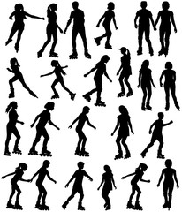 Collection of silhouettes of children and teenagers on roller skates