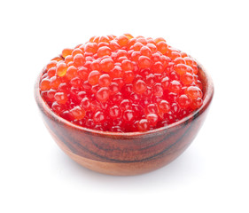 Bowl with red caviar on white background