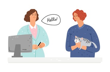 Veterinary assistance to cat. Girl with pet and veterinarian. Pet patients, woman holding cat vector illustration