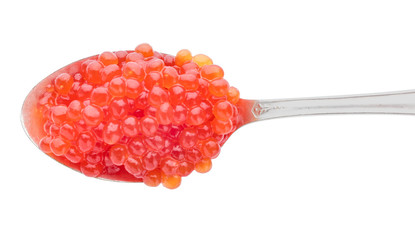 Spoon with red caviar on white background