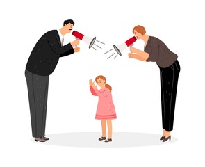 Fototapeta premium Agressive parents. Vector parents scream at their little daughter. Sad kid, angry mother and father characters. Domestic violence