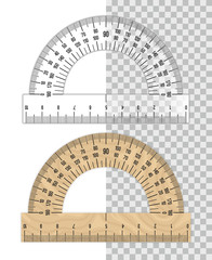 Protractor ruler. Plastic and wooden protractors isolated on white background, vector angle degrees measurement tool, school math geometry instrument