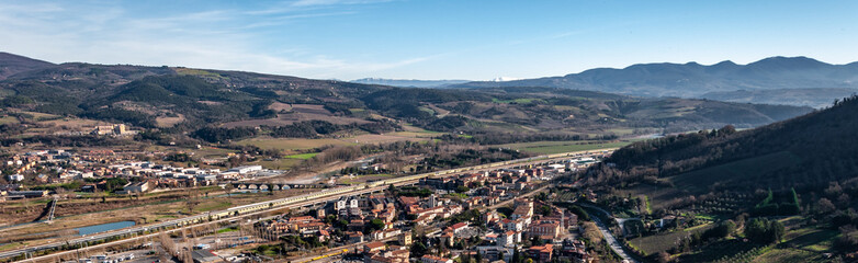 Orvieto, Italy. City of Etruscan origin, grown in the medieval and Renaissance periods, it is famous for the Duomo, a masterpiece of Gothic architecture, built on a tuff cliff. View of the valley.