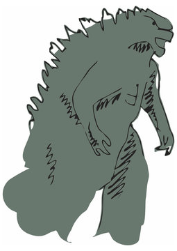 Drawing of a roaring walking dinosaur / godzilla green