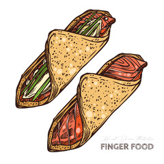 Finger food, rolls with salmon and tortilla, wheat cake, pita. Restaurant, cafe snack, appetizer. Vector illustration in flat style, colorful hand drawn sketch