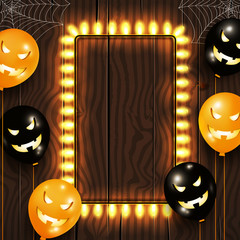 Halloween card template or poster for your arts and blank copy space. Square layout with Halloween orange and black air balloons, garland lights and spider web on wooden background